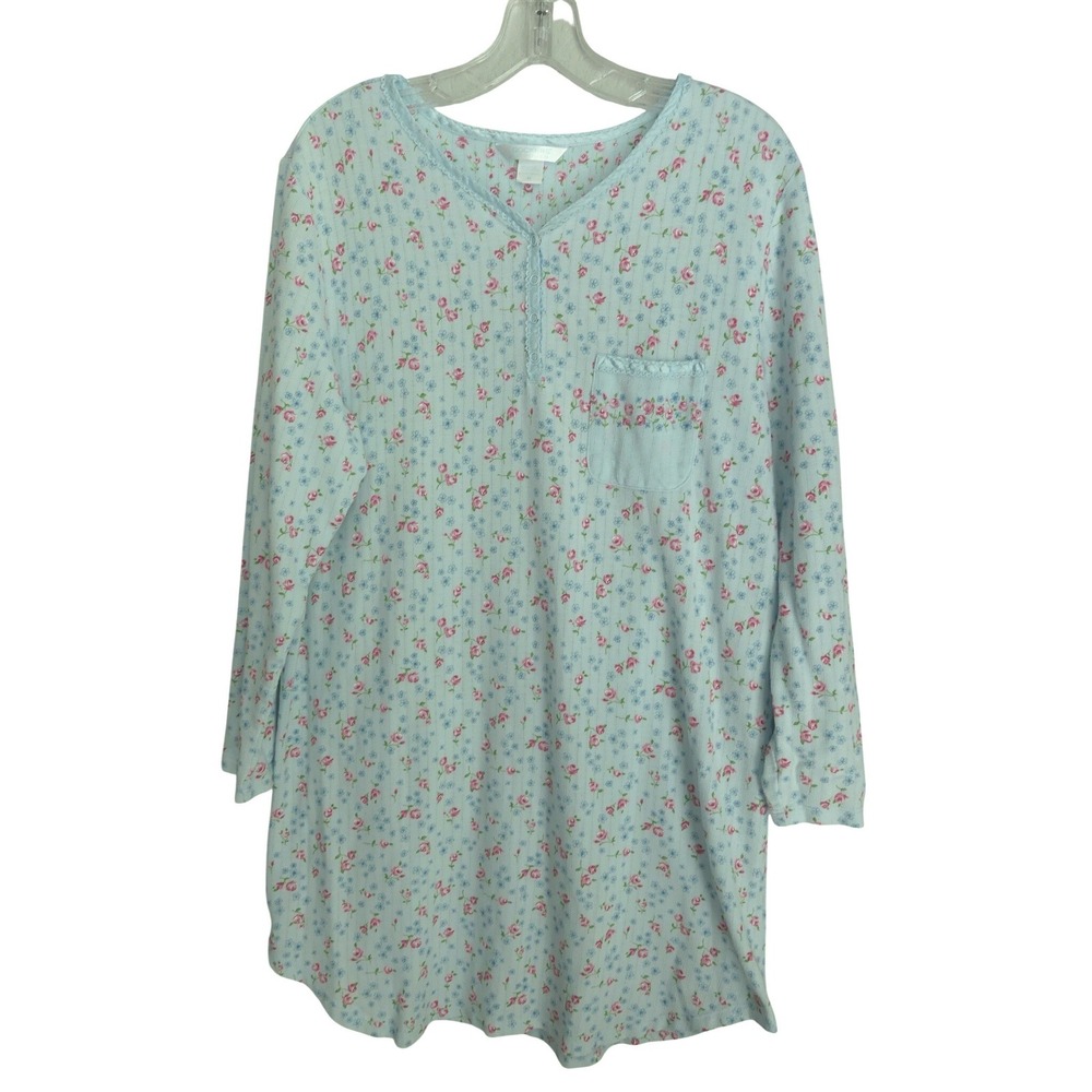 Dockers Blue Floral Henley Nightgown Sleep Shirt Size M Grandma Cottagecore